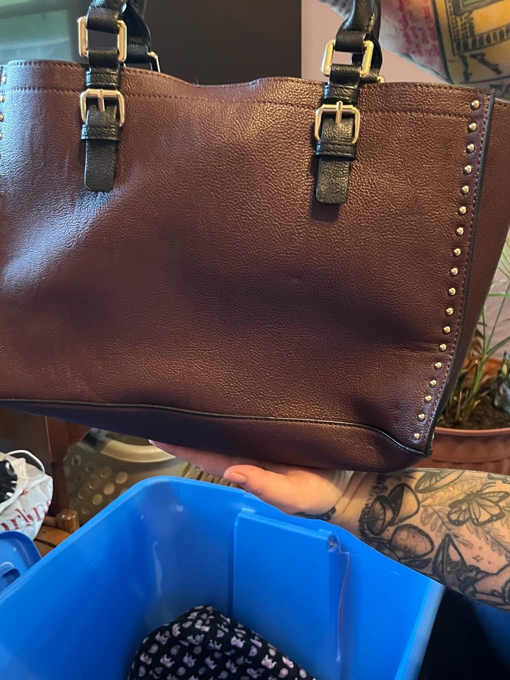 Calvin Klein Burgundy Tote with Black Straps and Gold Hardware